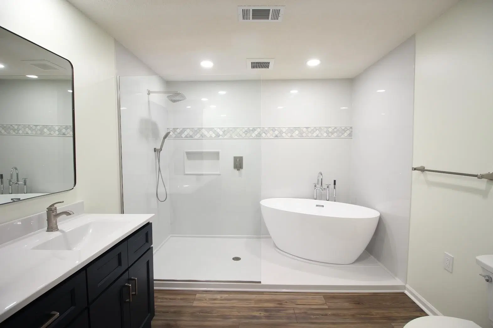 Spa-style bathroom with freestanding tub and walk-in shower